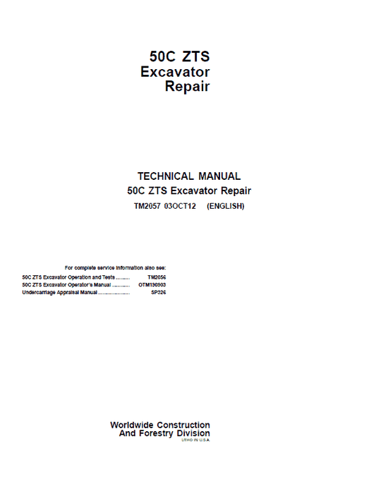 John Deere 50C ZTS Excavator Repair Technical Manual Workshop Guide