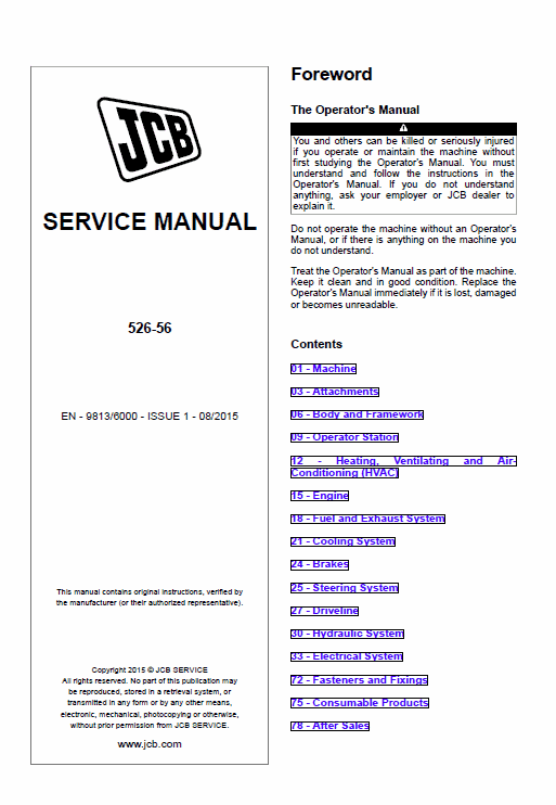 JCB 526-56 Loadall Telescopic Handlers Service Manual Workshop Guide