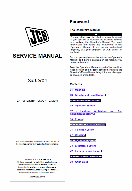 JCB 55Z-1, 57C-1 Mini Digger Excavator Service Manual Workshop Guide
