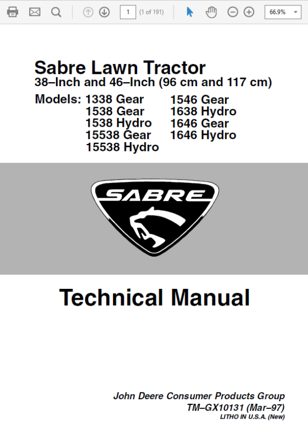 John Deere 1338, 1538, 1546, 1638 Sabre Lawn Tractors Technical  Manual Workshop Guide
