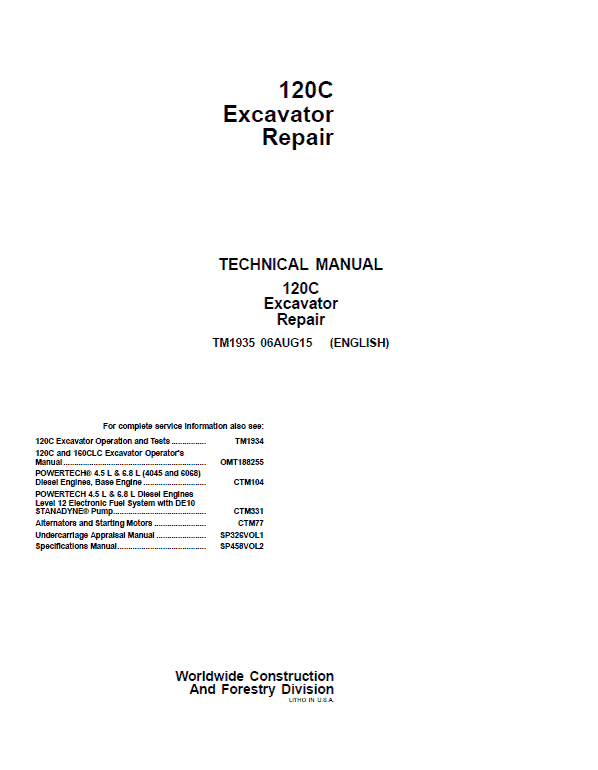 John Deere 120C Excavator Repair Technical Manual Workshop Guide