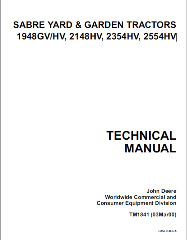 John Deere 1948GV, 1948HV, 2148HV, 2354HV, 2554HV Sabre Tractors Technical Manual Workshop Guide