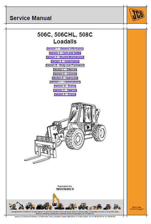 JCB 506C, 506CHL, 508C Loadall Telescopic Handlers Service Manual Workshop Guide