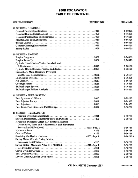 Case 980B Excavator Service Manual Workshop Guide