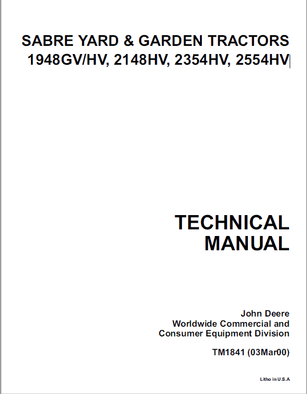 John Deere 1948GV, 1948HV, 2148HV, 2354HV, 2554HV Sabre Tractors Technical Manual Workshop Guide