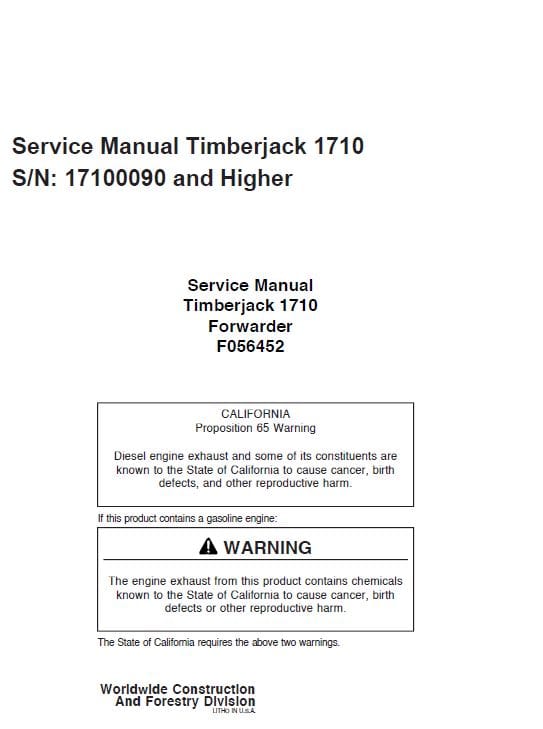 Timberjack 1710 Forwarder Service Repair Manual (17100090 and Up) Workshop Guide