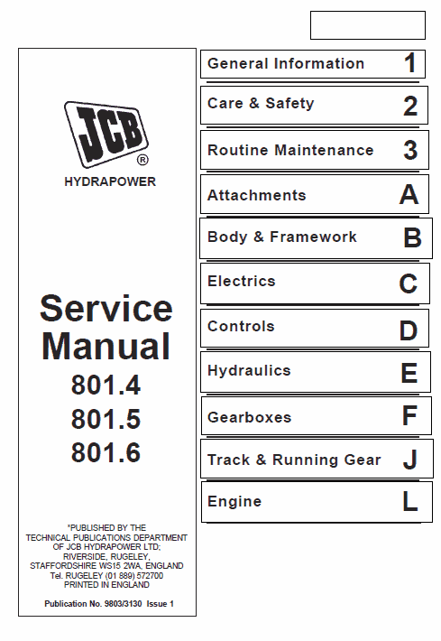 JCB 801.4, 801.5, 801.6 Mini Excavator Service Manual Workshop Guide
