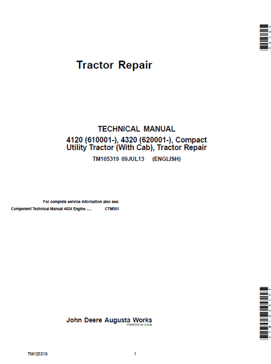 John Deere 4120, 4320 Compact Utility Tractors Technical Manual (With Cab – S.N 610001-) Workshop Guide
