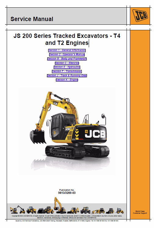 JCB JS115, JS130, JS145, JS160, JS180, JS190, JS200, JS210, JS220, JS235 Excavator Manual Workshop Guide