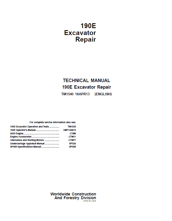 John Deere 190E Excavator Repair Technical Manual Workshop Guide