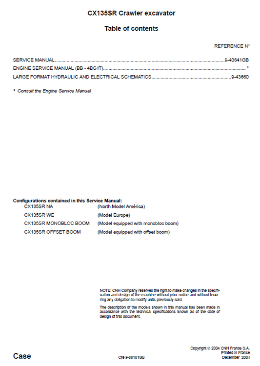 Case CX135SR Excavator Service Manual Workshop Guide