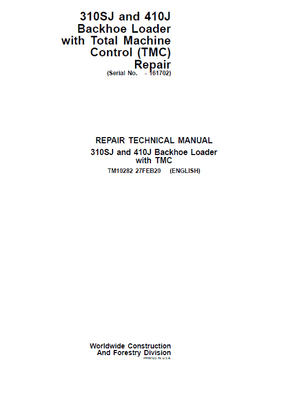 John Deere 310SJ, 410J Backhoe Loader (TMC) Technical Manual (S.N before 161702 ) Workshop Guide