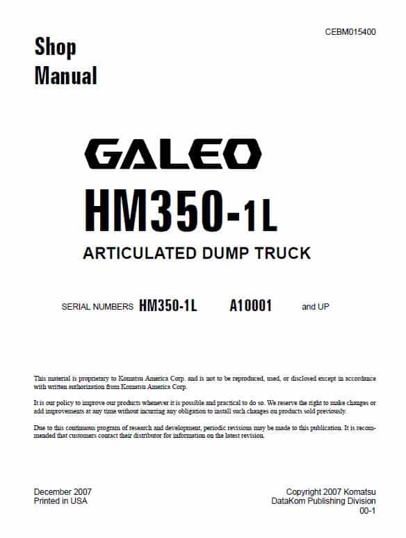 Komatsu HM350-1L Dump Truck Service Manual Workshop Guide