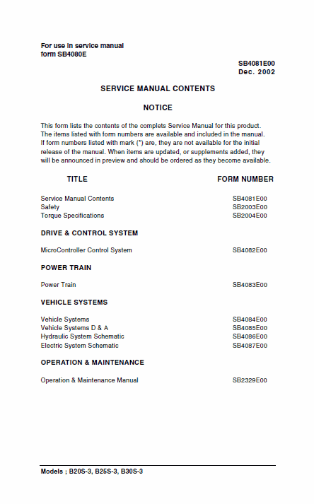Doosan Daewoo B20S-3, B25S-3, B30S-3 Forklift Repair Service Manual Workshop Guide