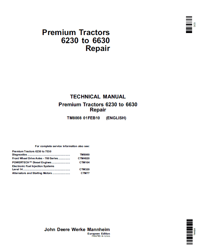 John Deere 6230, 6330, 6430, 6530, 6630 Premium Tractors Service Repair Manual Workshop Guide