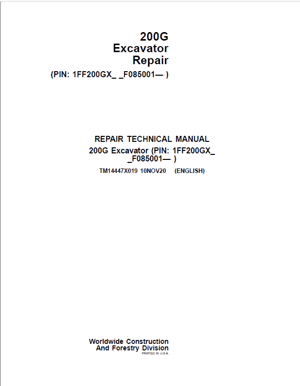 John Deere 200G Excavator Repair Technical Manual (S.N after F085001 -) Workshop Guide