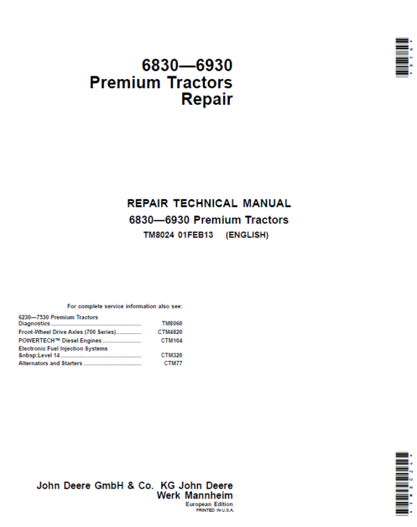 John Deere 6830, 6930 Premium Tractors (EU) Service Repair Manual Workshop Guide