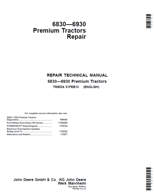 John Deere 6830, 6930 Premium Tractors (EU) Service Repair Manual Workshop Guide