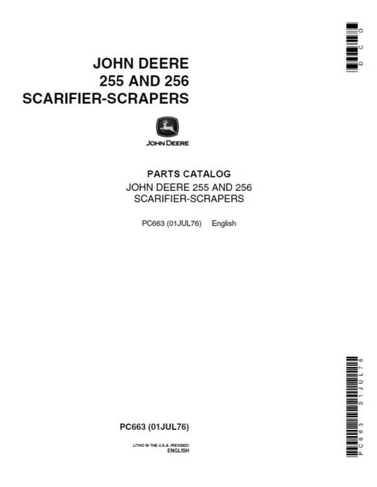 John Deere 255, 256 Attachments (255 Scarifier-Scrapers YR 1960 – 1962) Parts Catalog Manual – PC663 Workshop Guide
