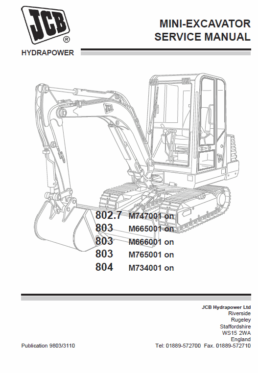 JCB 802.7, 803, 804  Mini Excavator Service Manual Workshop Guide