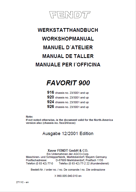 Fendt 916, 920, 924, 926 Favorit Vario COM II Tractors Workshop Repair Manual Workshop Guide
