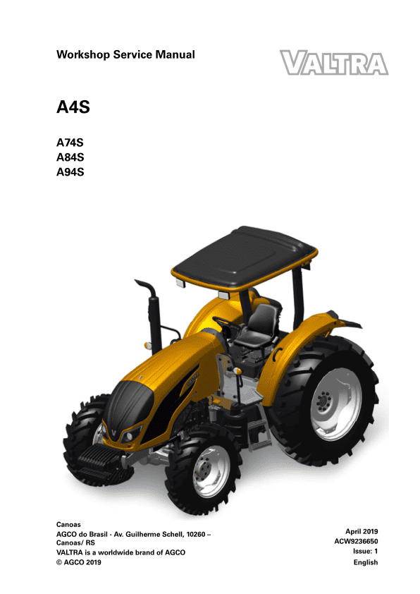 Valtra A74S, A84S, A94S Tractors Workshop Repair Manual Workshop Guide