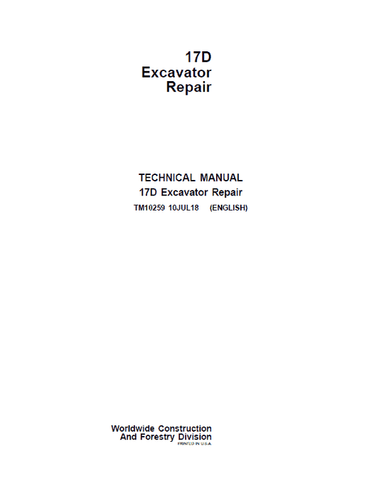 John Deere 17D Excavator Repair Technical Manual Workshop Guide