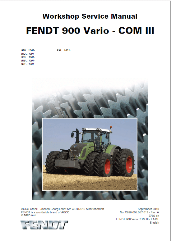 Fendt 922, 924, 927, 930, 933, 936 Vario COM III Tractors Workshop Repair Manual Workshop Guide