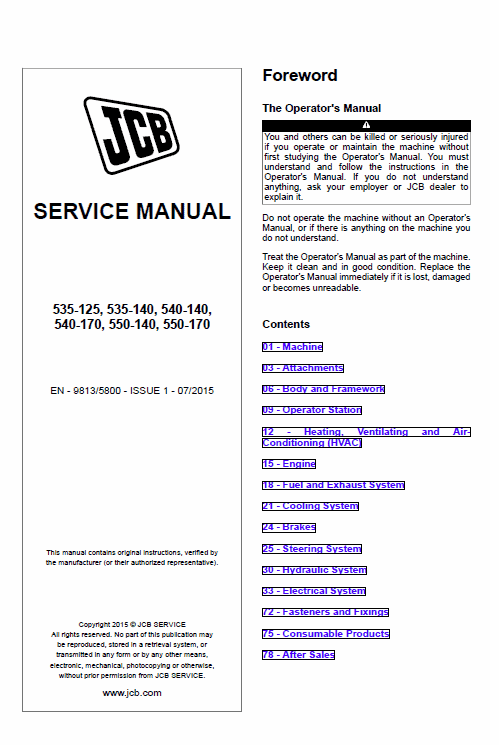 JCB 535-125, 535-140, 540-140, 540-170, 550-140, 550-170 Loadall Service Manual Workshop Guide