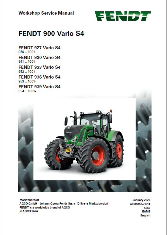 Fendt 927, 930, 933, 936, 939 Vario S4 Tractors Workshop Repair Manual Workshop Guide