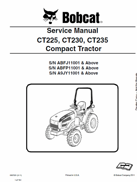Bobcat CT225, CT230 and CT235 Compact Tractor Service Manual Workshop Guide
