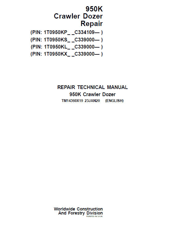 John Deere 950K Crawler Dozer Repair Technical Manual (S.N after C334109 – ) Workshop Guide