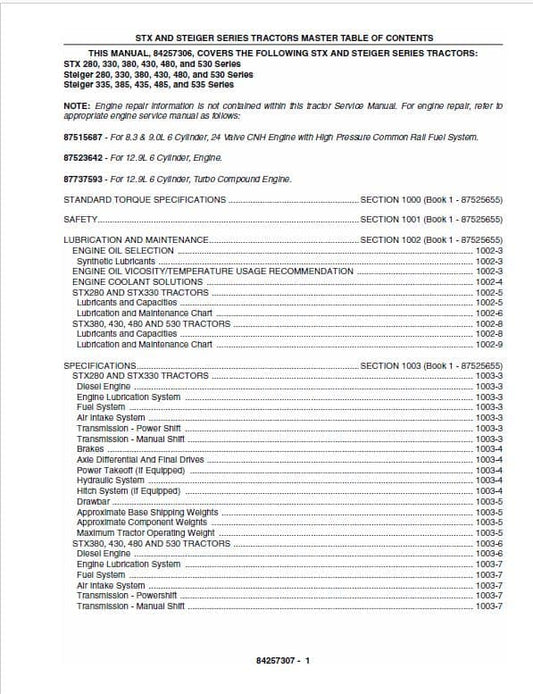 Case 280, 330, 380, 430, 480, 530 Steiger Tractor Service Manual Workshop Guide