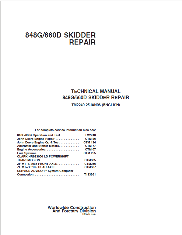 John Deere 848G, 660D Skidder Repair Technical Manual Workshop Guide