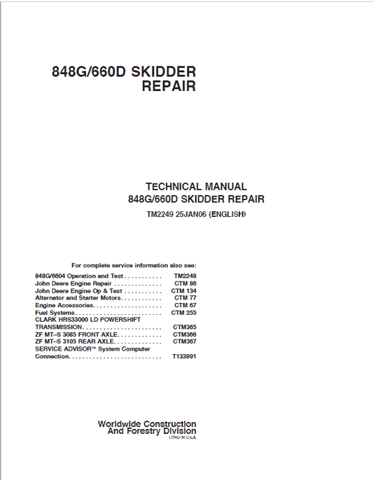 John Deere 848G, 660D Skidder Repair Technical Manual Workshop Guide