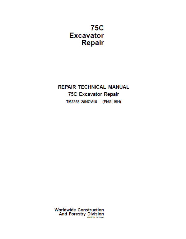 John Deere 75C Excavator Repair Technical Manual Workshop Guide