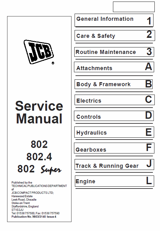 JCB 802, 802.4, 802 Super Mini Excavator Manual Workshop Guide