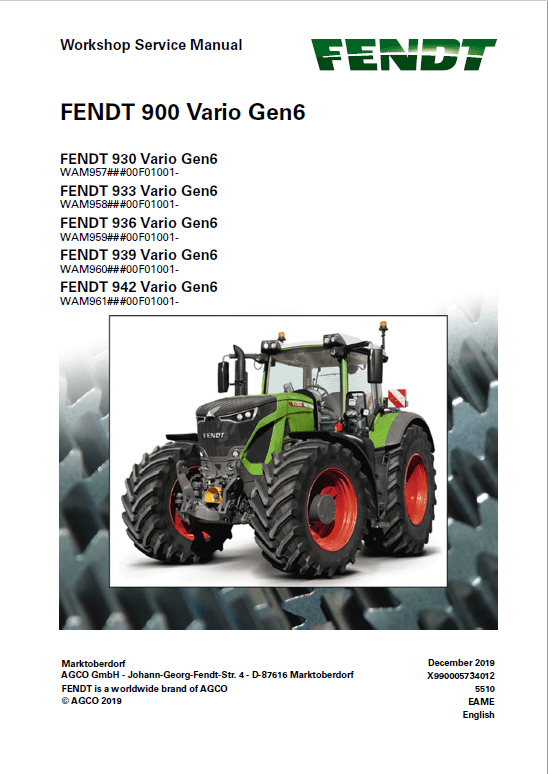 Fendt 930, 933, 936, 939, 942 Vario Gen6 Tractors Workshop Repair Manual Workshop Guide