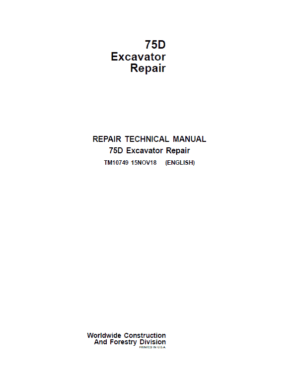 John Deere 75D Excavator Repair Technical Manual Workshop Guide