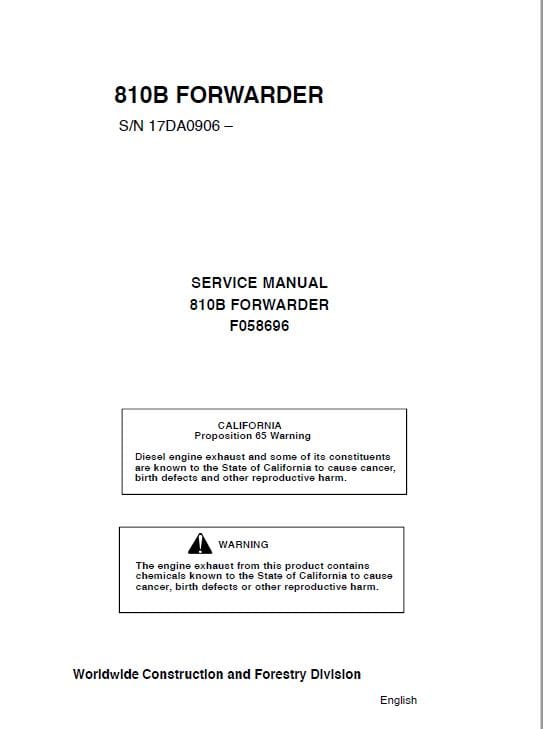 Timberjack 810B Forwarder Service Repair Manual (17DA0906 and Up) Workshop Guide