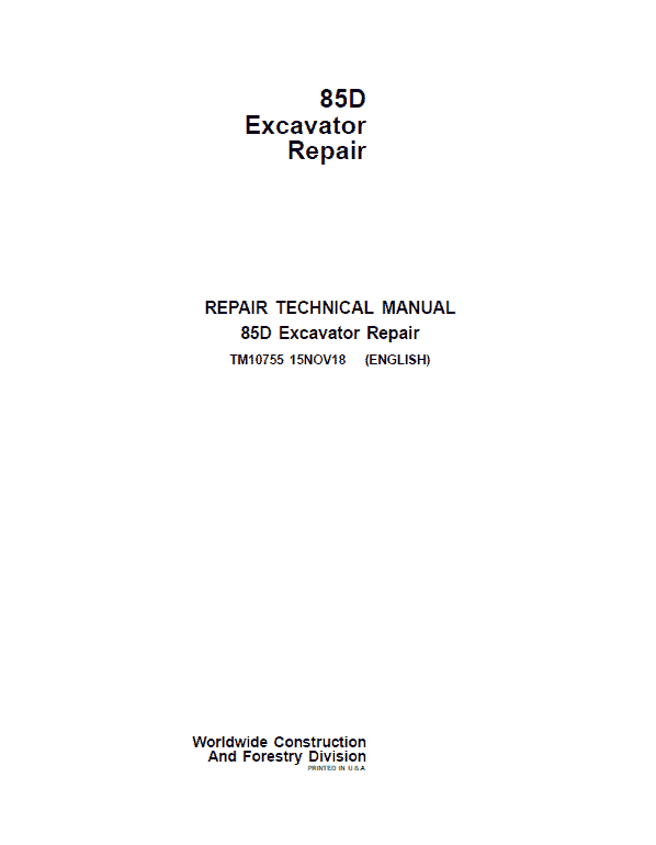 John Deere 85D Excavator Repair Technical Manual Workshop Guide