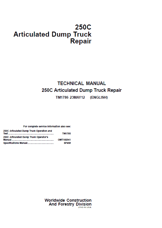 John Deere 250C Articulated Dump Truck Repair Technical Manual Workshop Guide