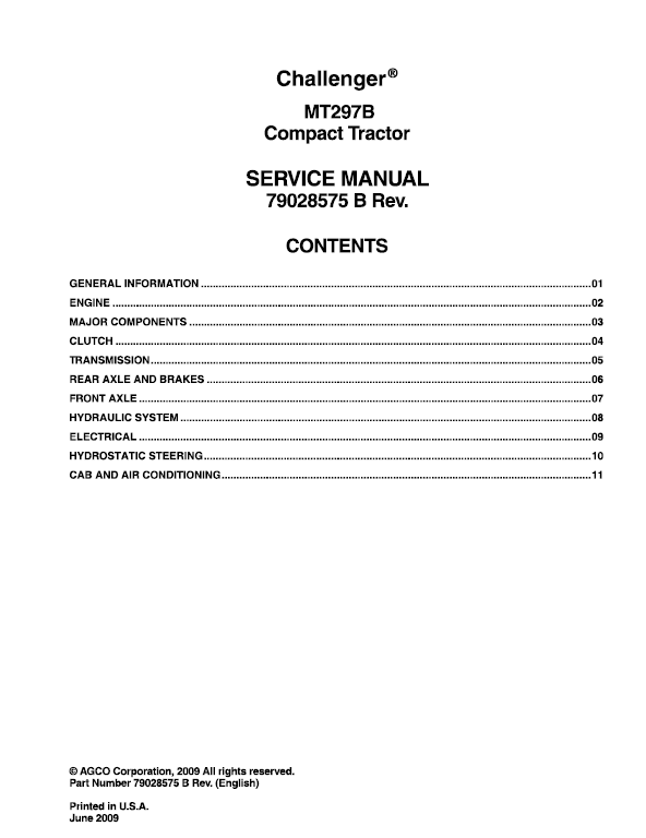 Challenger MT297B Tractor Service Manual Workshop Guide
