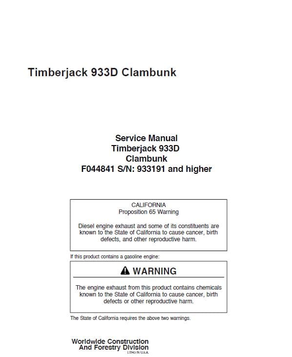 Timberjack 933D Clambunk Service Repair Manual (933191 and up) Workshop Guide
