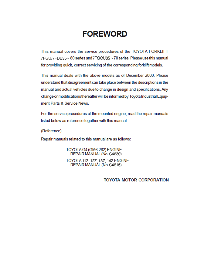 Toyota 7FGU35, 7FGU45, 7FGU60, 7FGU70, 7FGU80, 7FGKU40 Forklift Repair Manual