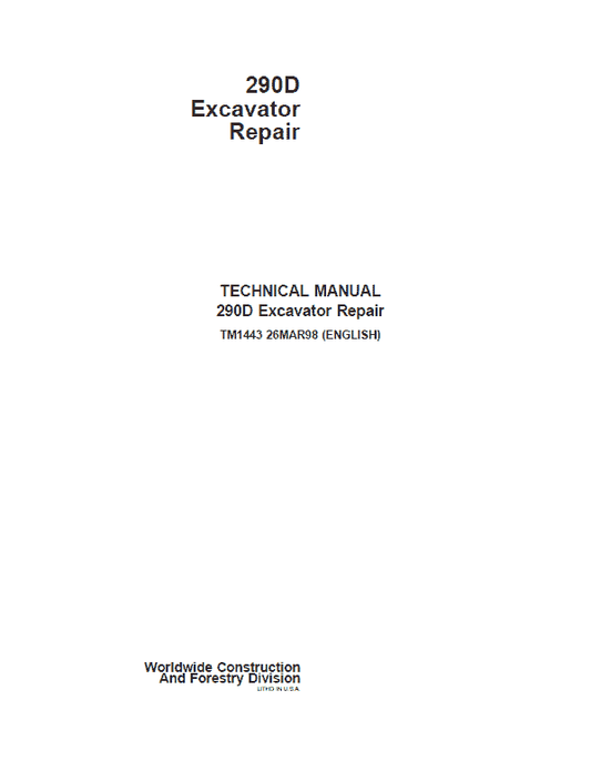 John Deere 290D Excavator Repair Technical Manual Workshop Guide