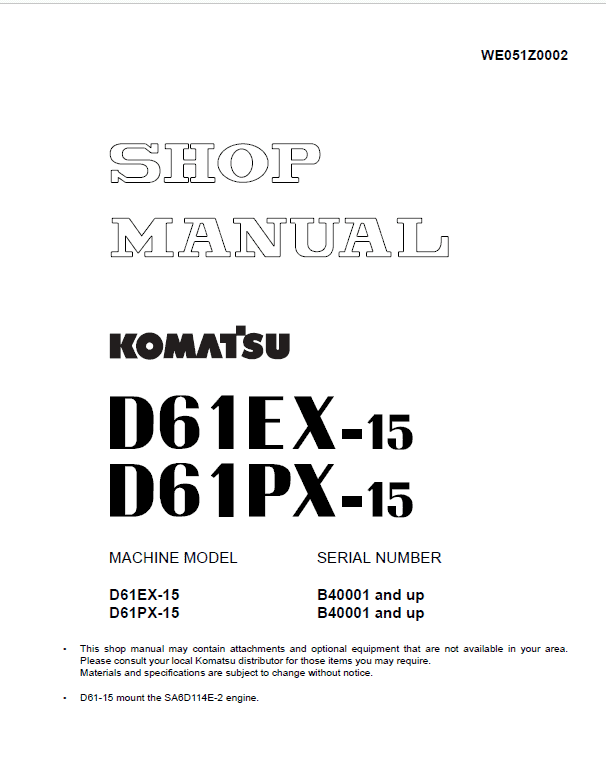 Komatsu D61EX-15, D61PX-15 Dozer Service Manual Workshop Guide