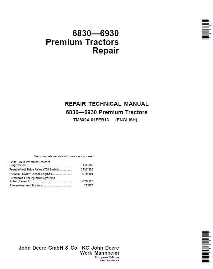 John Deere 6830, 6930 Premium Tractors (EU) Service Repair Manual Workshop Guide
