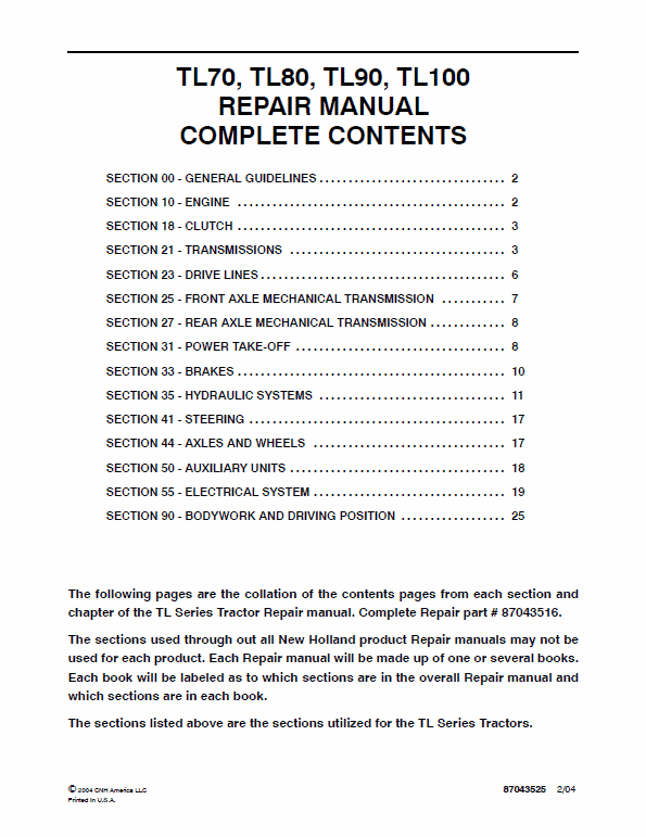 New Holland TL70, TL80, TL90, TL100 Tractor Service Manual Workshop Guide