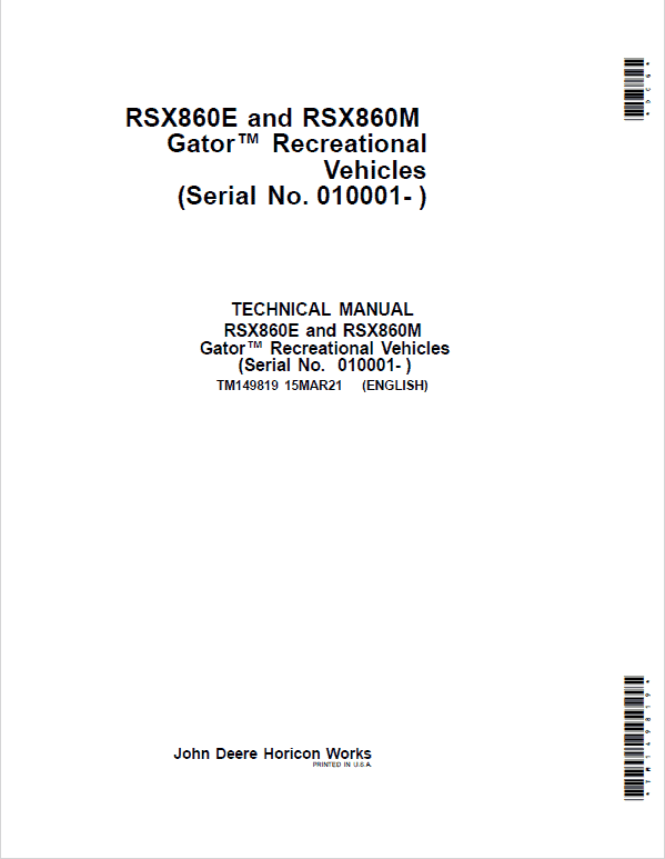 John Deere RSX860E, RSX860M Gator Recreational Vehicles Repair Manual (S.N after 010001-) Workshop Guide